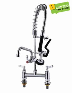 Commercial Pre-Rinse Kitchen Sink Taps with Pull Down Sprayer 7 Inch Center Mixer Faucets Dish Washing Brass Constructed Polished Chrome 7"Center Deck Mounted add-on 8" Swing Spout