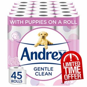Andrex Gentle Clean Toilet Rolls - 45 Toilet Roll Pack - Bulk Buy Toilet Rolls - Gentle and Soft on Your Family's Skin - Dermatologically Tested