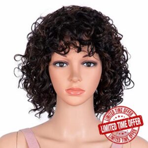 Joedir Short Curly Wigs for Women Black Color Curly Human Hair Wig with Bangs None Lace Front Wigs (Black Mixed Brown Color)