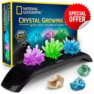 National Geographic Crystal Growing Kit - 3 Vibrant Coloured Crystals to Grow with Light-Up Display Stand & Guidebook