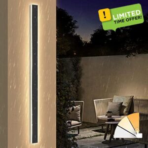 Viugreum Outdoor Wall Lights 40W 120CM Long Outside Indoor 3200K 4000K 6500K Warm Natural Cool Light Black Wall Sconce Strip Lamp IP65 Wall Lighting Fixtures Exterior for Garden Living Room Patio