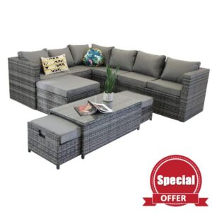 YAKOE Vancouver 9 Seater Corner Rattan Garden Set in Grey