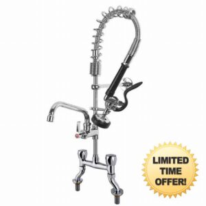 2 Hole Adjustable Bridge Sink Tap Commercial Kitchen Pre-Rinse Mixer Faucet with Swivel Spout and High Pressure Spray Gun Brass Body Chrome Plated
