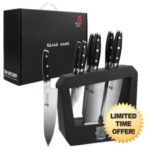 TUO Kitchen Knife Set with Wooden Block Knife Block Sets 7 Piece Professional Chef Knife Set German High Carbon Stainless Steel Kitchen Knife Set-Black Hawk Series