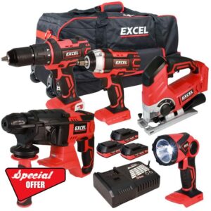 Excel 18V 5 Piece Power Tool Kit with 3 x 2.0Ah Batteries & Charger EXL5229 - Combo Kit - 18V Cordless Power Tool Kits - Mega Power Tool - Power Tool Se