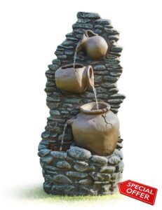 SEINHIJO Outdoor Floor Water Fountain with LED Light 81cm High 3 Jars Rocky Garden Cascading Waterfall for Yard Patio Lawn Home