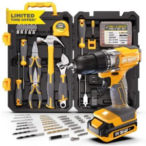 Hi-Spec 81pc Yellow 18V Cordless Power Drill Driver. Complete Home & Garage Hand Tool Kit Set for DIY