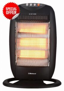 Belaco Halogen electric Heater portable heater with 3 Heat Settings 3 Bar resistant base 1200W 90 Degree Oscillation Compact Carry Handle Safety Tip Over Switch Black