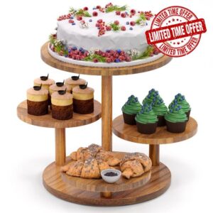 4 Tiers Acacia Wood Cupcake Stand Sturdy Flower Cupcake Tower for 50 Cupcakes Tiered Serving Tray for Baby Showers Halloween Graduation Wedding or Birthday Party