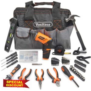 VonHaus Cordless Hand Drill and Household Tool Kit - 94pc Tool Kit for Beginners - Includes 3.6V/Cordless Lithium-ion Screwdriver - Power & Hand Tools with Drill Sets in Case