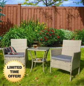 GardenCo 2 Seat Rattan Weave Bistro Set with High Glass Top Table and Two Chairs - Outdoor Furniture for House