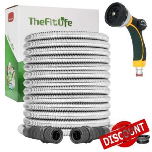 TheFitLife Metal Garden Hose Pipe - Flexible Stainless Steel Water Hose with Solid Fittings and Sprayer Nozzle - Leak Proof Kink Free