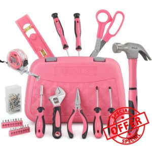 Apollo 67pc Home DIY Pink Tool Kit Set. Complete Basic Hand Tools in a Ladies Style Clutch-Bag Sturdy Box