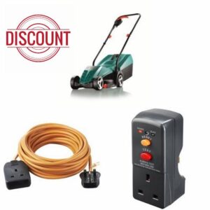 Bosch Rotak 32R Electric Rotary Lawnmower with Heavy-Duty Outdoor Power Socket and Safety RCD Adapto