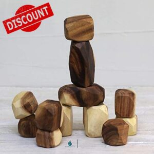 Wooden Balancing Blocks: Handmade Meditative Educational Sensory STEM Toy Stacking Game Wood Balance Rocks Set (Tum ISHI) Montessori with Cotton Bag