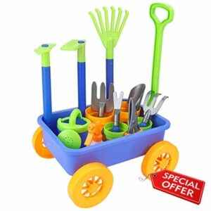 deAO Pull along Kids Wagon Wheelbarrow and Gardening Tools Play Set Includes 10 Accessories and 4 Plant Pots