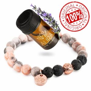 AURA LOVE YOURSELF Relaxation Gift for Women Healing Stress Relief Gift for MUM Lava Rock Bracelet Yoga Beads with Lavender Essential Oil Calming Aromatherapy Diffuser Stone Beaded Bracelet Self Care
