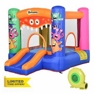 Outsunny 3-in-1 Kids Bouncy Castle with Slide Trampoline Basket