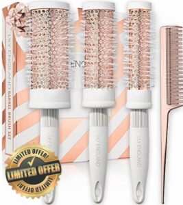 Round Brush Set for Women - Round Barrel Hair Brushes and Tail Comb for Blow Drying - Blow Dry Hairbrush For Women - White & Rose Gold by Lily England
