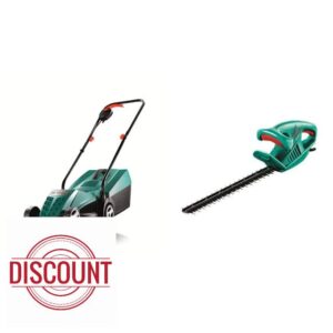 Bosch Rotak 32R Electric Rotary Lawnmower with 32cm Cutting Width & Bosch 0600847A70 AHS 45-16 Electric Hedge Cutter