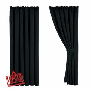 Aspire Homeware Blackout Curtains for Living Room Pencil Pleat Black Bedroom Curtains Tape Top 66 x 72 Drop Super Soft Thermal Insulated Window Curtain Drapes Pair Panel + Tiebacks