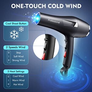 Black Professional Hair Dryer 2400W AC Motor Fast Drying Salon Ionic Hairdryer with 2 Speed