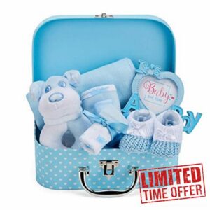 Newborn Baby Boy Gift Set - Hand Packed into Small Blue Hamper Keepsake Box Styled as a Case includes Soft Toy Rattle