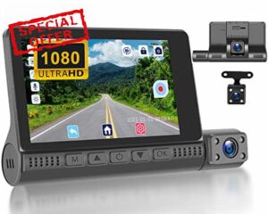 CAMECHO 3 Channel 1080P Dash Cam Touch Screen with Car Front Rear with 32G TF Card