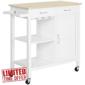 HOMCOM Kitchen Storage Trolley Cart Cupboard Rolling Wheels Shelves Cabinet Island W/Drawers Towel Rail Wine Glass Rack Pine Wood Worktop White