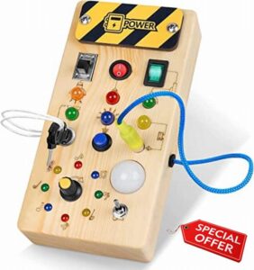 Wooden Busy Board for Toddlers Montessori Busy Board with 8 LED Light Switches Sensory Board Educational Learning Toy for 1+ Year Old Baby and Toddler Travel Toy