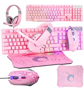 White Gaming Keyboard and Mouse and Gaming Headset & Mouse Pad, Wired LED RGB Backlight Bundle fo...