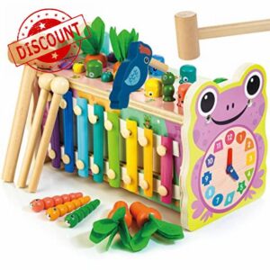 Wooden Montessori Toys for 1 Year Old Whack a Mole Game Hammering Pounding Toy with Xylophone Carrot Harvest Game Learning Developmental Toys Toddler Activities Gift Pink (Pink)