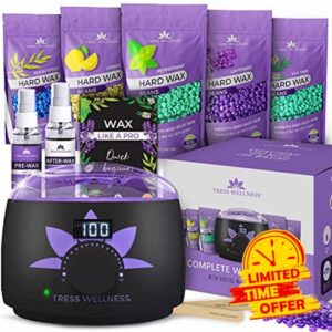 Tress Wellness Waxing Kit - Easy to use - Hard Wax Beads Hair Removal Wax Beans for Wax Pot - Wax Warmer - Wax Machine Wax Heater - Waxing Kits Professional Full kit with Waxing Beads - Hot Wax Ki