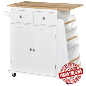 HOMCOM Kitchen Island Storage Cabinet Rolling Trolley with Rubber Wood Top