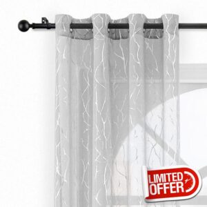 Kotile Grey Sheer Curtains with Tree Pattern - Metallic Silver Branch Artistic Design Grommet Sheer Curtains 84 Inch Long Light Filter Privacy Voile Drapes