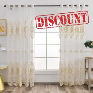 Gold Floral Embroidered lace Curtains Sheer Window Curtains for Living Room Bedroom
