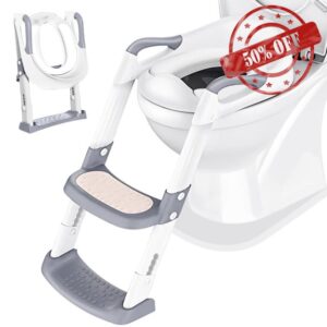 Potty Training Toilet Seat Trainer: Kids Toilet Training Seat with Step Stool - Foldable Portable Potty Chair with Adjustable Height Ladder Guard Handle Soft Cushion White for Baby Toddler Boys Girls