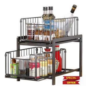 YunNasi Under Sink Storage 2-Tier Pull Out Sliding Basket for Cabinet Kitchen Cupboard Organiser Detachable Metal Storage Rack for Bathroom (Regular