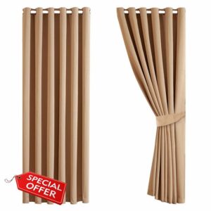 Aspire Homeware Blackout Curtains for Living Room - Black Out Eyelet Curtains for Bedroom 66 x 72 inch - Thermal Insulated Window Treatments Ring Top Beige Curtain & Drapes Pair Panel + Tiebacks