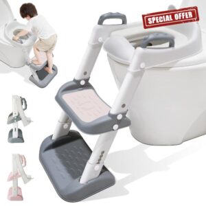 Potty Training Toilet Seat Toddler Toilets Seats Kids Steps Trainer with Stairs Splash Guard Baby Toilet Stool Soft Padded Toddlers Child Height Adjustable Non-Slip Childs WC Chair Step Ladder | Grey