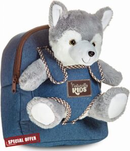 Toddler Kids Backpack w Husky Toy Wolf Stuffed Animal Plush Toys for 3 4 5 6 7 Year Old Girls Boys - Gifts for 3 4 5 6 7 Year Old Boy Girl - Husky Wolf Toy