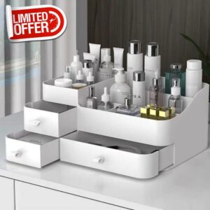Queta Make-up-Organizer Large Cosmetic Storage Box with Capacity 8 Grids and 3 Drawers