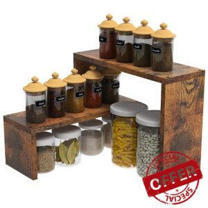 VEDECASA 2 Tier Stackable Expandable Corner Spice Rack for Kitchen Countertop Cabinet & Pantry Organizer Rustic Brown Wooden Corner Shelf Rack for Desktop Storage