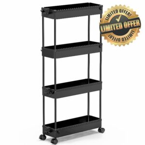 SPACEKEEPER Storage Trolley 4-Tier Slide Out Storage Cart Rolling Utility Cart Storage Shelf Rack on Wheels Trolley Organizer for Office
