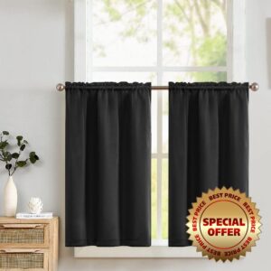 Lazzzy Black Kitchen Curtains Blackout Thermal Insulated Cafe Curtains 24 Inch Black Out Tier Curtains for RV Camper Basement Bathroom Living Room Darkening Short Half Window Drapes 2 Panels