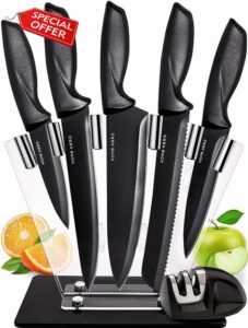 Kitchen Knife Set - 7 pcs Chef Knife Set with Stainless Steel Kitchen Knives Set - Black