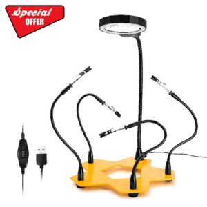 Fstop Labs LED Magnifying Third Hand Soldering PCB Holder Tool Six Arms Helping Hands Crafts Jewelry Hobby Workshop Helping Station Non-slip weighted base