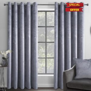 Sleepdown Marble Effect Velvet Blackout Thermal Insulated Eyelet Curtains for Bedroom and Living Room - 66x54 - Grey - 2 Panels
