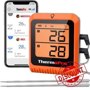 ThermoPro TP25H2 150M Wireless Bluetooth BBQ Meat Thermometer Wireless Meat Thermometer Rechargeable with Smart APP Dual Temperature Food Probes for Cooking Grilling Oven Smoker Turkey Beef