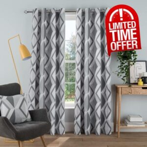 Sleepdown Printed Large Diamond Geo Eyelet Curtains for Bedroom and Living Room - 66 x 90 Inch - Grey